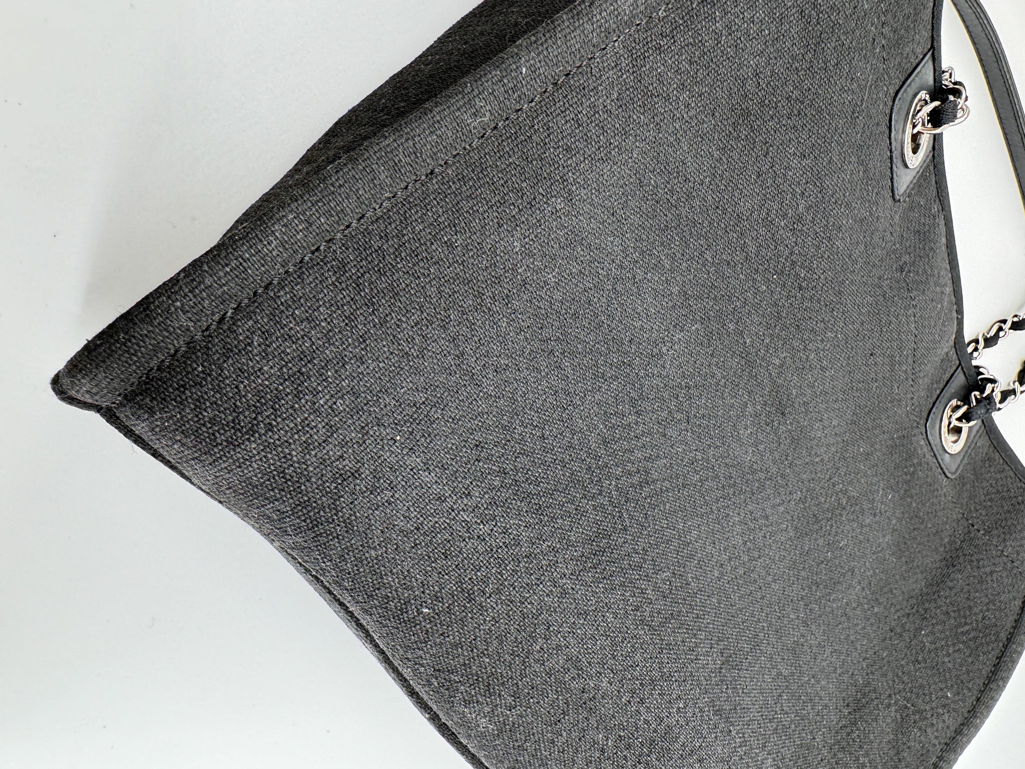 Chanel Deauville black canvas tote bag with silver metal chain. Moja Bag Shop
