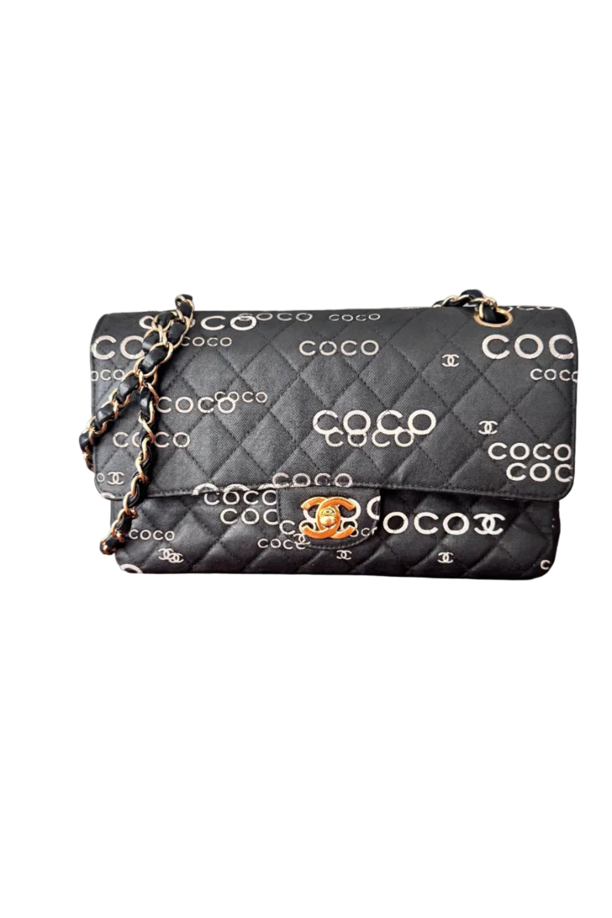 Chanel Coco Printed Classic Flap Bag Black Quilted Canvas Gold