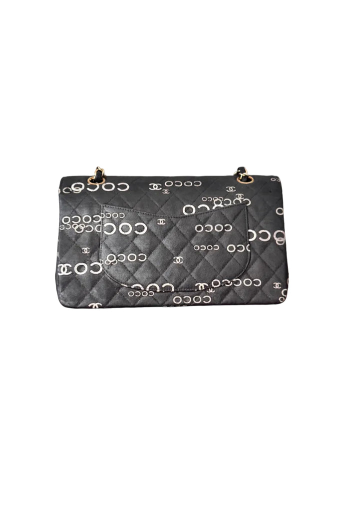 Chanel Coco Printed Classic Flap Bag Black Quilted Canvas Gold